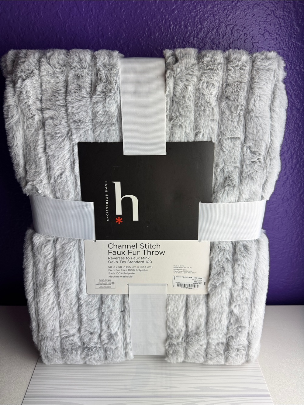 Home Expressions Channel Stitch Faux Fur Throw Blanket Gray Reversible Micromink